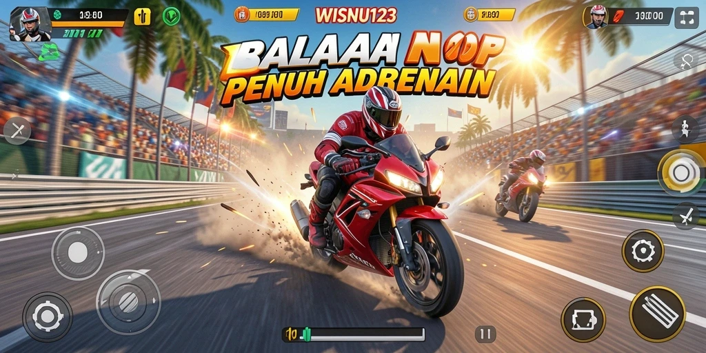 Screenshot menampilkan balapan motor yang intens dalam WISNU123.